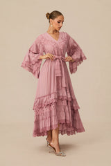 Elara | Pink Floral Lace Layered Midi Dress
