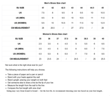 Split-toe Tabi Shoe size chart for men and women with conversion tables and instructions on how to measure foot length.