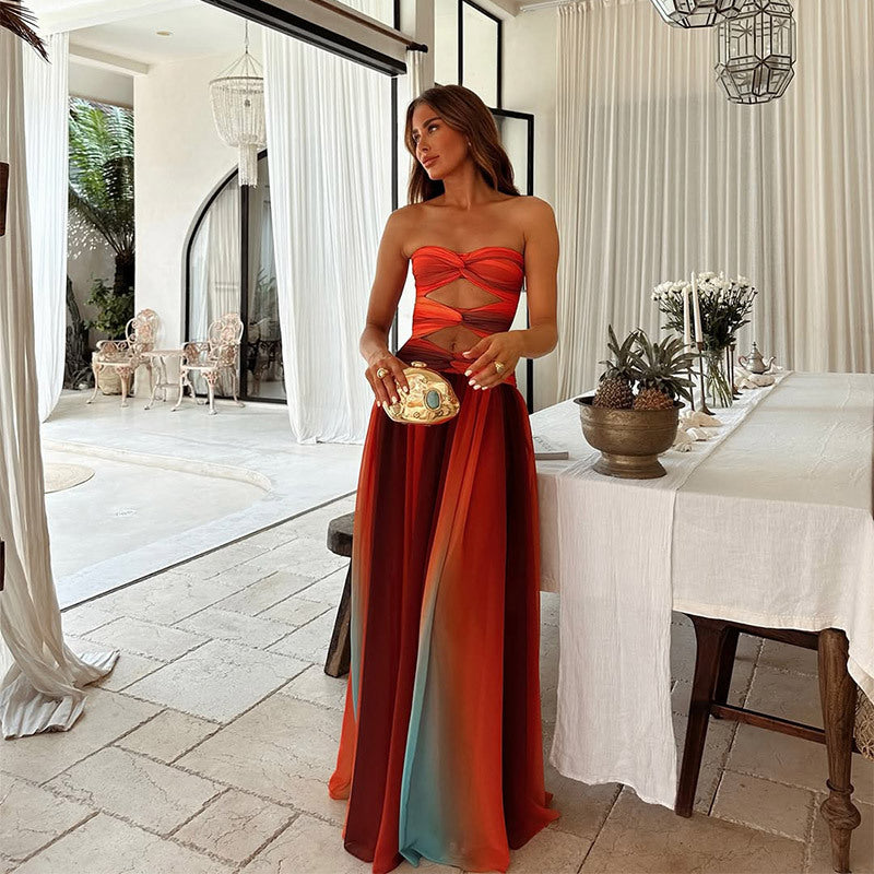 knee length dresses for ladies Red Ribbed Shimmery Halter Drawstring Slit Maxi Dress