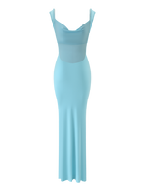 The MORANA DRESS in sky blue by TIGERMIST features a fitted waist, draped cowl neck, low back, and sheer mesh upper bodice, shown against a plain white background.