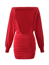The JANINE MINI DRESS in red by TIGERMIST features an off-shoulder design, long sleeves, a low scoop back, and a ruched waist, shown against a plain white background.