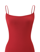 A close-up of the TIGERMIST MINERVA MINI DRESS - RED, a sleeveless bodycon dress with thin, adjustable spaghetti straps, shown against a white background.