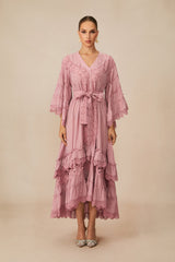 Elara | Pink Floral Lace Layered Midi Dress