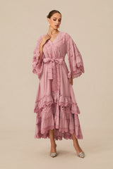 Elara | Pink Floral Lace Layered Midi Dress