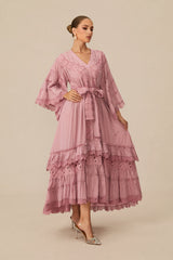 Elara | Pink Floral Lace Layered Midi Dress