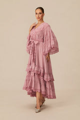 Elara | Pink Floral Lace Layered Midi Dress