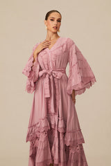 Elara | Pink Floral Lace Layered Midi Dress