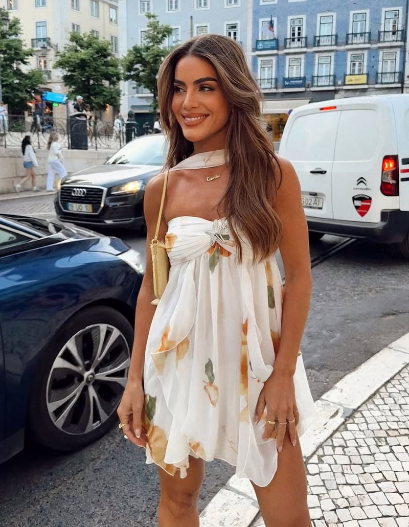 Isabel | Halter Neck Ruffled Printed Mini Dress Lucia Vero Isabel | Halter Neck Ruffled Printed Mini Dress Lucia Vero