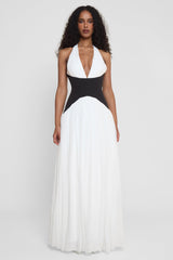 Model wearing Harlowe Contrast Corset Maxi Dress in White, front view.
