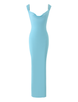 The MORANA DRESS - SKY BLUE by TIGERMIST is a sleeveless, floor-length maxi with a draped cowl neck, fitted silhouette, and chic low back in an elegant sky blue shade.