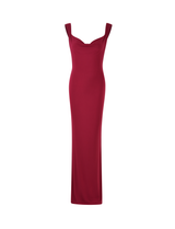 The ZITA DRESS - RED : SALSA : DEEP RED by TIGERMIST is a sleeveless, floor-length bodycon maxi with a draped neckline, shown elegantly on a white background.