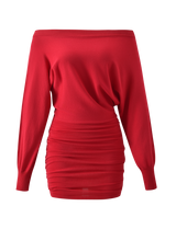 The TIGERMIST JANINE MINI DRESS - RED is a bright red off-shoulder mini featuring a ribbed neckline, fitted waist, and ruched skirt detailing, shown against a plain white background.