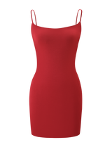 The TIGERMIST MINERVA MINI DRESS - RED, a sleeveless, form-fitting bodycon mini dress with adjustable spaghetti straps, is shown against a plain white background.